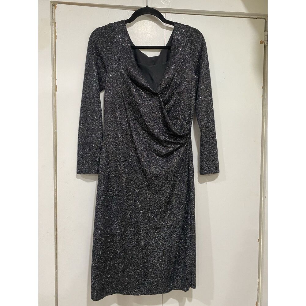 Carmen Marc Valvo Dress Sz 8 Black Silver Beaded Neck Sequin Cocktail Midi - Picture 6 of 12